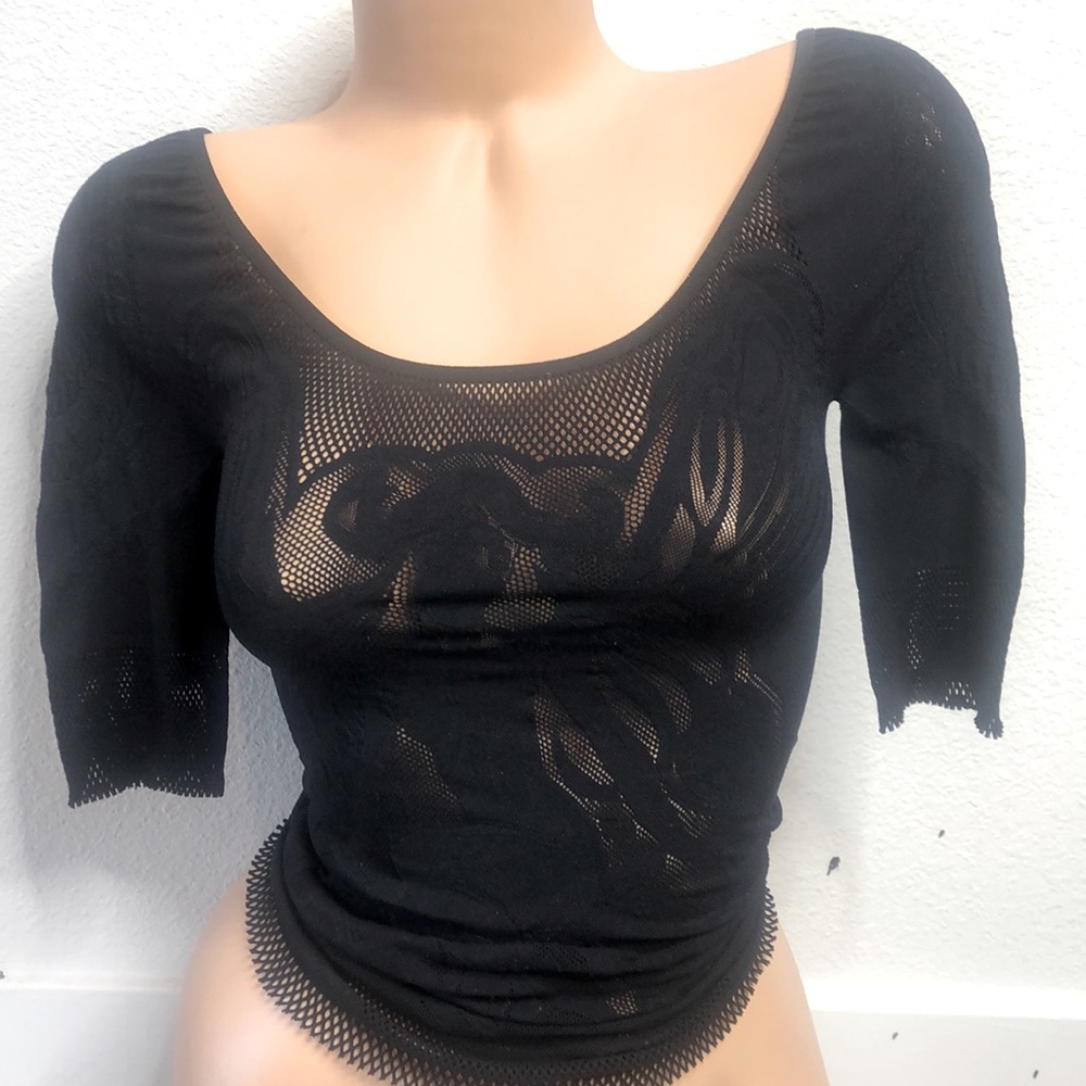 ROBERTO CAVALLI BLACK LACE & MESH FITTED TOP